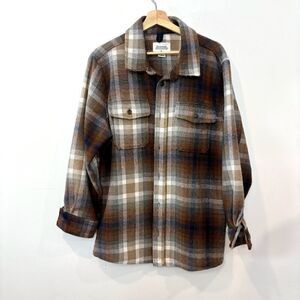 Boston Traders Brown Herringbone Plaid Overshirt Heavy Weight Shirt sz L